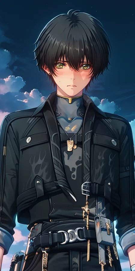 score_9,score_8_up,score_7_up,detailed face,1girl,black hair,short hair,pants,yellow eyes,long sleeves,blush,shy,looking at viewer,cloud,green eyes,blue eyes,jewelry,jacket,night sky,key,dog tags,upper body,<lora:鸣潮ç·ä¸»Wuthering_Waves_Male_leading_role:1>,<lora:add-detail-xl:1>,