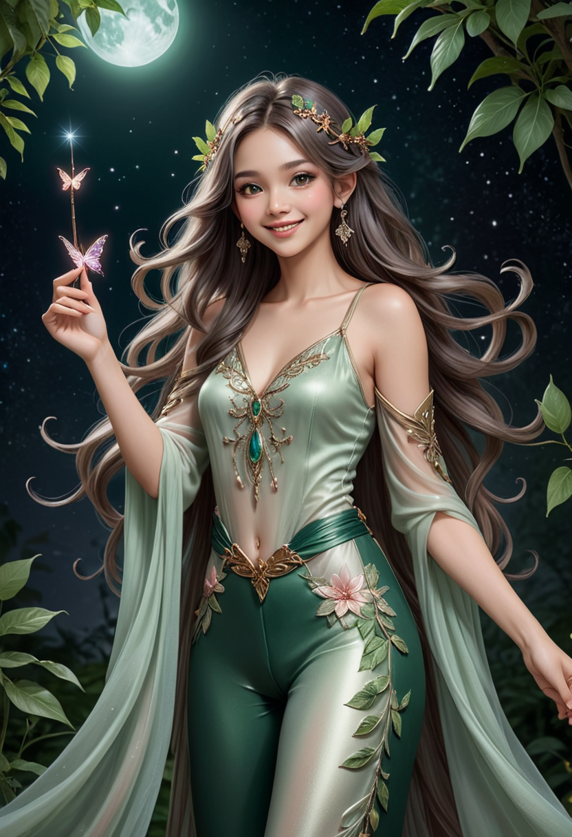 (medium full shot) of (enchanting fairy) young woman, Medium build, silver eyes, thai, light brown skin, dark green long flowing hair with floral accents,  wearing a flowing tunic adorned with leaves,satin pants with delicate embroidery, delicate sandals with fairy dust, translucent butterfly wings, subtle blush with a shimmer,holding a magical wand adorned with gemstones moonstone earrings, set in  astral grove where the planets align in perfect harmony and the air is filled with the hum of cosmic energy , under the moonlight, woman smiling, detailed face, ,Masterpiece,best quality, photo, realistic, very aesthetic