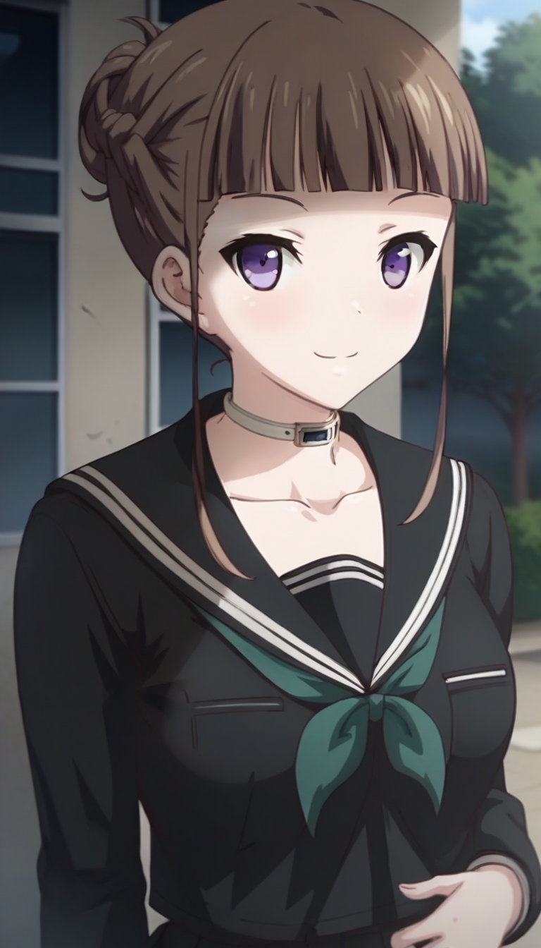 score_9,score_8_up,score_7_up,score_6_up BREAK official art,solo,outdoors,upper body,(portrait:1.5),looking at viewer,facing viewer,smile,blush,Manaka Nemu,brown hair,short hair,single hair bun,french braid,sidelocks,blunt bangs,purple eyes,choker,collarbone,school uniform,black sailor collar,black shirt,green neckerchief,long sleeves,medium breasts,black skirt,pleated skirt,black thighhighs,loafers,<lora:Manaka Nemu(euphoria)-Pony:1.6>,