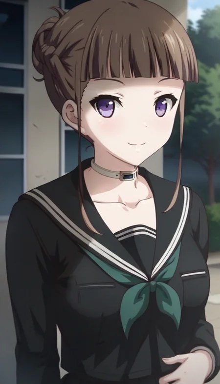score_9,score_8_up,score_7_up,score_6_up BREAK official art,solo,outdoors,upper body,(portrait:1.5),looking at viewer,facing viewer,smile,blush,Manaka Nemu,brown hair,short hair,single hair bun,french braid,sidelocks,blunt bangs,purple eyes,choker,collarbone,school uniform,black sailor collar,black shirt,green neckerchief,long sleeves,medium breasts,black skirt,pleated skirt,black thighhighs,loafers,<lora:Manaka Nemu(euphoria)-Pony:1.6>,
