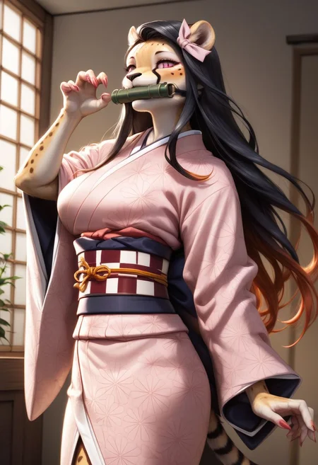 score_9, score_8_up, score_7_up, source_furry, beautiful female cheetah, furry ,1 girl(cheetah), middle breasts,detailed face,kind look, bit gag, gag, japanese clothes, long hair, kimono, pink kimono, black hair, bamboo,  claw pose, pink eyes, solo, ribbon, asa no ha (pattern), haori, red nails, hair ribbon, checkered sash, sash, obi, fingernails, gagged, sharp fingernails, mouth hold, pink nails, pink ribbon, hc, ,castle room background(night,dark),Furry antro Cheetah dressed like  Nezuko, solo