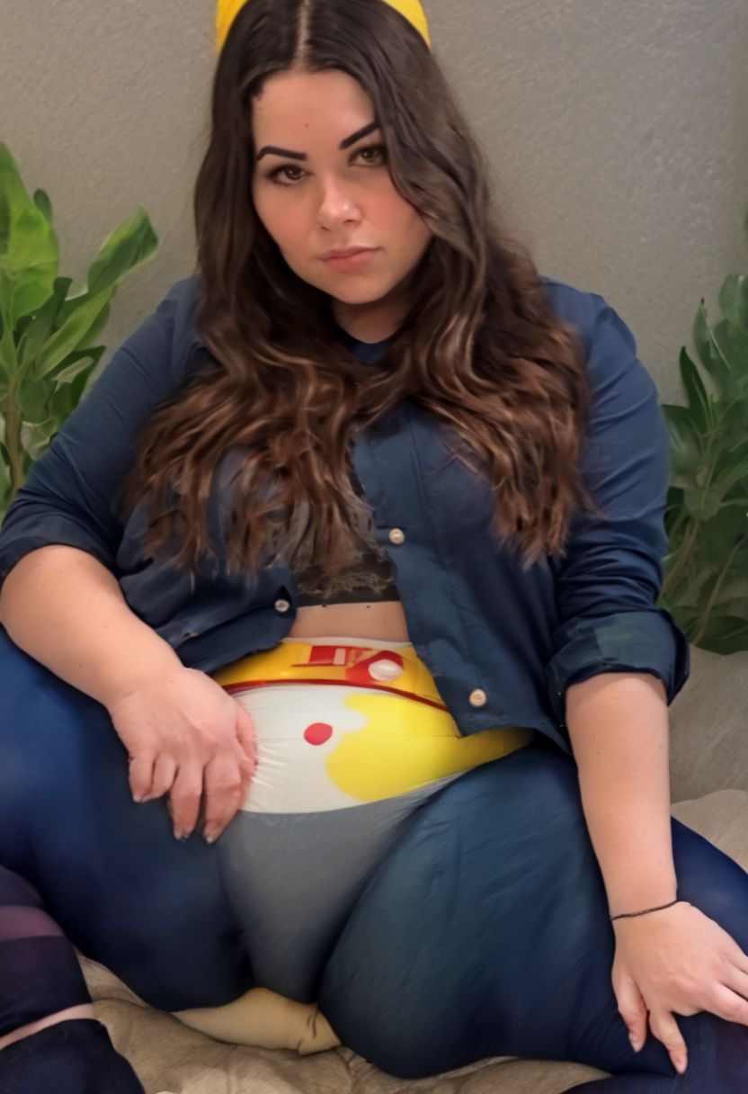 Carmine obese poopy diaper butt view from behind full body squatting camera from behind butt facing camera, pokemoncarmine deadpan face looking at viewer score_9, score_8_up, score_7_up, source_anime, solo, 1girl, squatting facing away, Carmine, shaded face, expressionless, turning head towards viewer, squatting big butt, mole under eye, hairband, blue jacket, long sleeves, red gloves, single glove, blue pants, white belt, pouch, outdoors, full body, poopy diaper Carmine, poopy diaper showing<lora:pokemon_carmine_ponyXL:1>