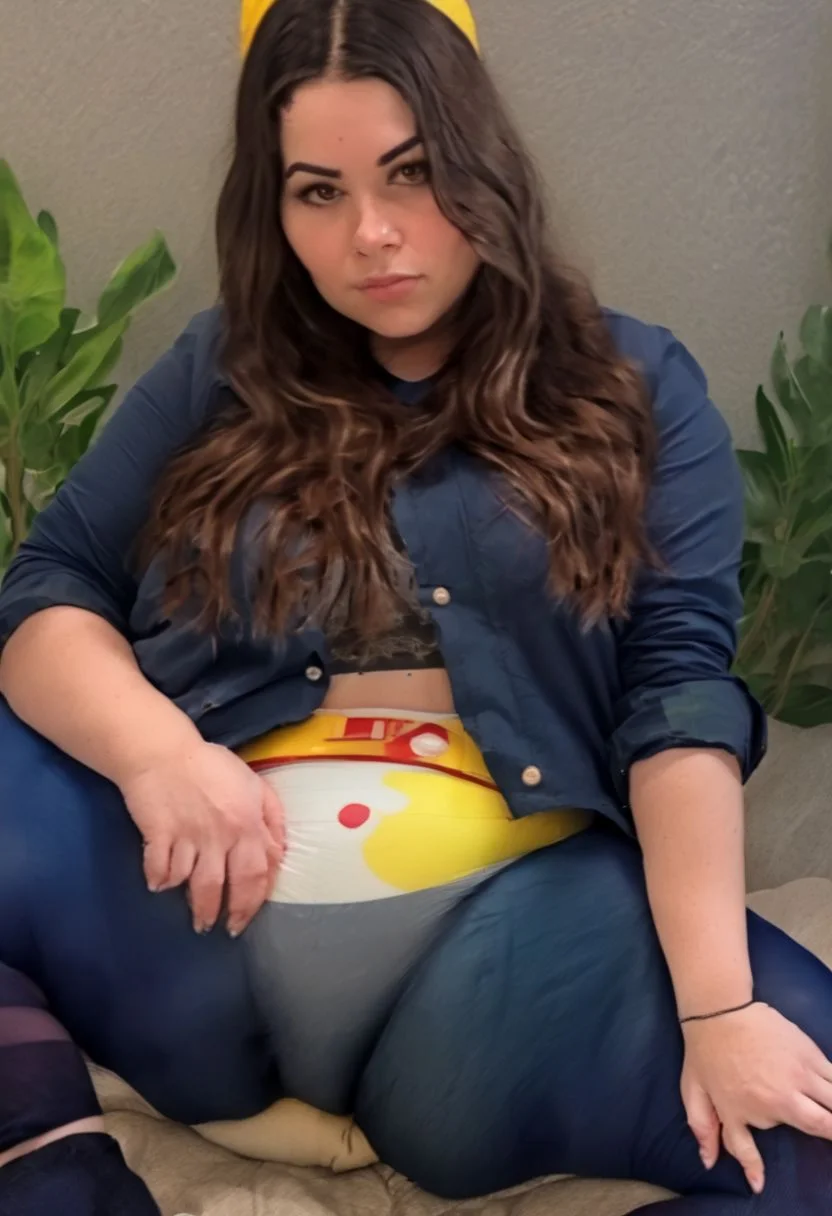 Carmine obese poopy diaper butt view from behind full body squatting camera from behind butt facing camera, pokemoncarmine deadpan face looking at viewer score_9, score_8_up, score_7_up, source_anime, solo, 1girl, squatting facing away, Carmine, shaded face, expressionless, turning head towards viewer, squatting big butt, mole under eye, hairband, blue jacket, long sleeves, red gloves, single glove, blue pants, white belt, pouch, outdoors, full body, poopy diaper Carmine, poopy diaper showing<lora:pokemon_carmine_ponyXL:1>