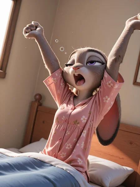 <lora:Furry_realism_V3:0.4>, <lora:Judy_Hopps_-_Pochemu_style_Illustrious:0.25>, <lora:Judy_Hopps_Zootopia_Illustrious_Edition:0.25>, <lora:Anthro_Furry_Lora_Juddy_Hopps_Zootopia:0.25>, <lora:hoppsJudyztIL:0.25>, 1girl, solo, Judy_Hopps, Zootopia, furry, anthro, bunny, detailed fur, wholesome, waking up, stretching, morning, yawning, in bed, sleepy, under blanket, floral pyjamas, dynamic angle, close-up, highres, best quality, kftenhance, close-up