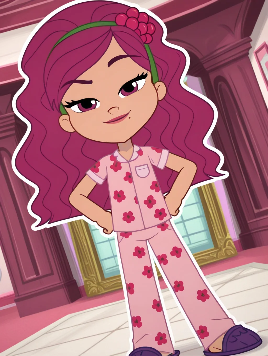 Raspberry_Tart, 1girl, solo, long hair, wavy hair, magenta hair, green headband, raspberry ornament headband, magenta eyes, light tan skin, mole, sleepover outfit, pink pajamas, purple slippers, (smile, dutch angle, Hands on hips,naughty pose, looking at viewer, indoors, elegant room, solo, dynamic pose, full_body, head tilt,),((white background, White frame, white outline))