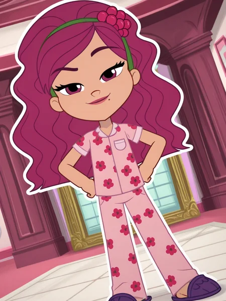 Raspberry_Tart, 1girl, solo, long hair, wavy hair, magenta hair, green headband, raspberry ornament headband, magenta eyes, light tan skin, mole, sleepover outfit, pink pajamas, purple slippers, (smile, dutch angle, Hands on hips,naughty pose, looking at viewer, indoors, elegant room, solo, dynamic pose, full_body, head tilt,),((white background, White frame, white outline))