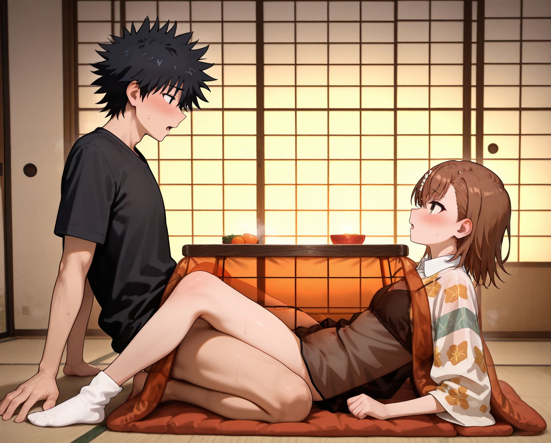 masterpiece,best quality,amazing quality,very aesthetic,absurdres,newest, huge filesize,
<lora:spo_sdxl_10ep_4k-data_lora_webui:0.5>,
<lora:add-detail-xl:1>
<lora:Kotatsu_Hide_Pose:0.7>
Kotatsu Hide Pose,
1girl,hetero,looking at another, clothed sex,bottomless, 
sex,1boy, sex under table, sex under kotatsu,  see-through kotatsu, sex, 
socks, lean back,
table,
sliding doors,tatami,
indoors,
hidden embrace position,
seated positions
reverse-leg techniques,
BREAK
kamijou touma, 
misaka mikoto,