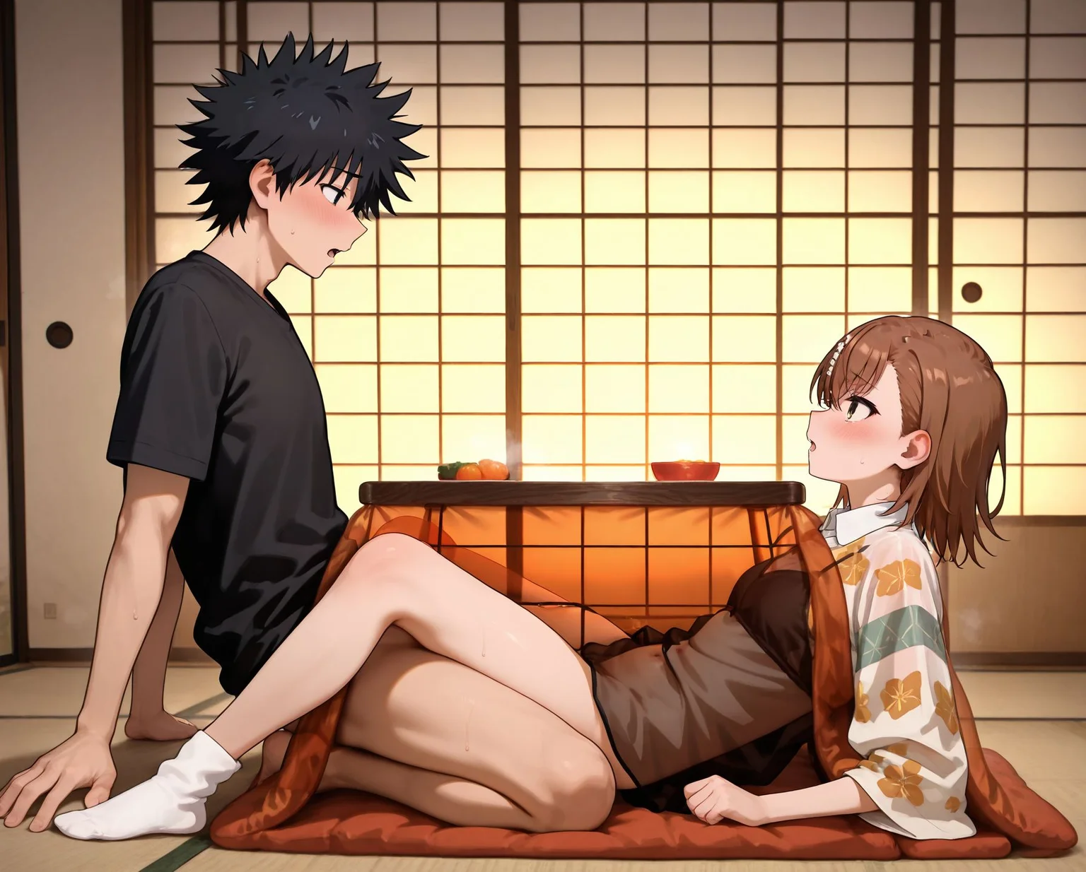 masterpiece,best quality,amazing quality,very aesthetic,absurdres,newest, huge filesize,
<lora:spo_sdxl_10ep_4k-data_lora_webui:0.5>,
<lora:add-detail-xl:1>
<lora:Kotatsu_Hide_Pose:0.7>
Kotatsu Hide Pose,
1girl,hetero,looking at another, clothed sex,bottomless,
sex,1boy, sex under table, sex under kotatsu, see-through kotatsu, sex,
socks, lean back,
table,
sliding doors,tatami,
indoors,
hidden embrace position,
seated positions
reverse-leg techniques,
BREAK
kamijou touma,
misaka mikoto,