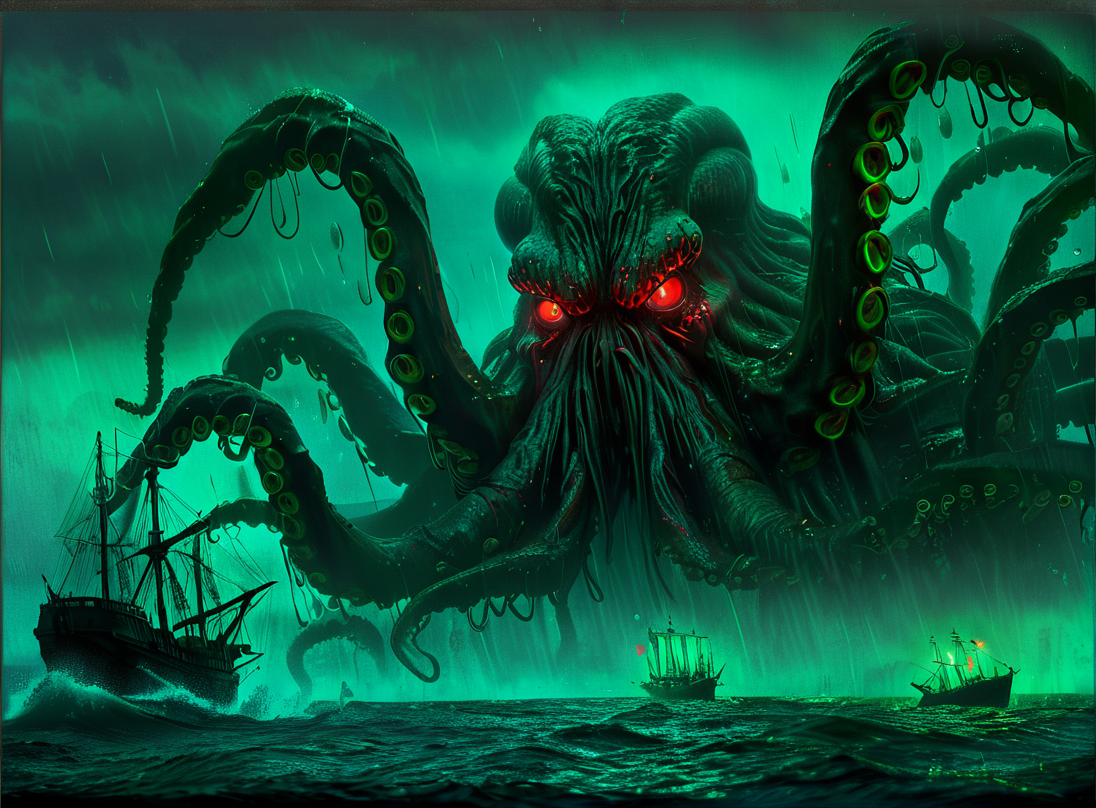 masterpiece,high resolution, <lora:Cthulhu-XL-9:0.8>,
cthulhu, watercraft, ship, tentacles, glowing, no humans, ocean, glowing eyes, rain,red theme,