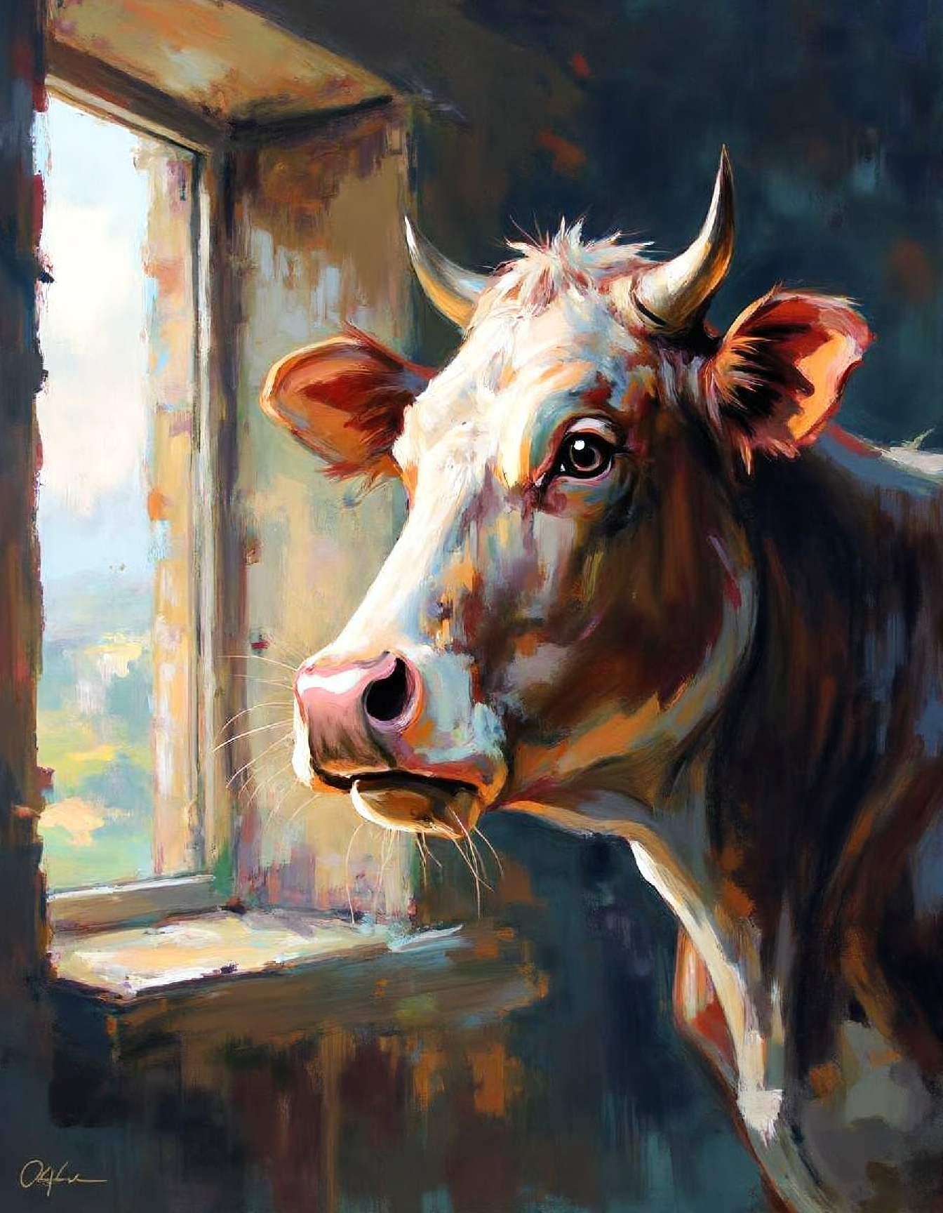 ssf_4bstr4ct painting of a cow looking out of a stable window
