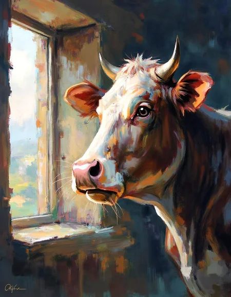 ssf_4bstr4ct painting of a cow looking out of a stable window