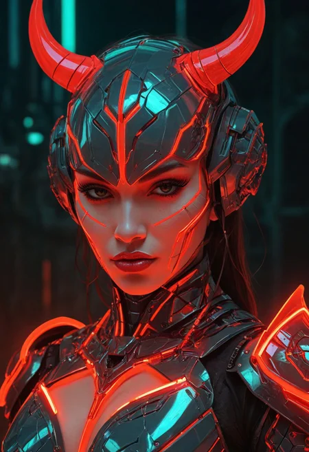 illustration, futuristic magical armored cyborg gorgeous demon girl, bold line, 2.5D, glowing neon armored, red, limited greenishgrey color, cinematic, geometrically structured lines, masterpiece, digital art, famous art, microscopically detailed, polygon fantasy style, perfect female face, maximum resolution, maximum quality, 8k, by Nicola Samori, fantasy dungeon, soft digital painting, smooth blending, close up