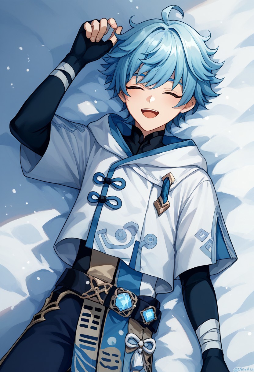 score_9, score_8_up, score_7_up, source_anime, highly detailed, 
Chongyun, 1boy, male focus, solo, light blue hair, short hair, hair between eyes, bangs, ahoge, closed eyes, open mouth, happy, chinese clothes, jacket, white jacket, hood, shirt, black shirt, short over long sleeves, gloves, black gloves, fingerless gloves, bandages, bandaged arm, vision (genshin impact), pants, lying, lying in snow, on back,
outdoor, sky, snow,