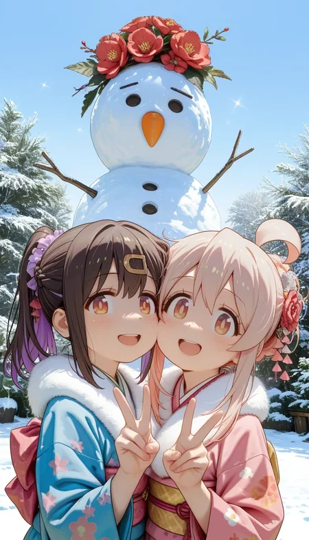 (masterpiece, best quality), best score, best anatomy, ultra deitailed, amazing quality, very aesthetic, absurdres, highres, 2024, newest, HDR, 8K, high detail RAW color art, high contrast, large pupil, eyelashes, bright, shiny skin, detailed background, strong color,
oyama mihari, brown hair, red eyes, ponytail, sidelocks, heads together, cheek-to-cheek, happy new year 2025, oyama mahiro, brown eyes, long hair, french braid, looking at view, kimono, plum blossoms pattern, blue pattern, fur trim, outdoors, snowman, sky, v, looking at viewer, round teeth, open mouth, upper body, face focus, smile, happy, sunny day, beautiful memorable moment, sparkle, <lora:薄塗り:0.35>, <lora:Pony People's Works_noob:0.65>, <lora:spo_sdxl_10ep_4k:0.8>, <lora:MeMaXL4:0.8>