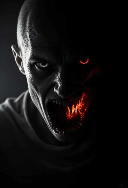 A fire nuckelavee in a dramatic, chiaroscuro-style. One side of his face is dimly lit while the other half is obscured in deep dark shadow. His expression is dark and mysterious with mystifying eyes seeming to hold untold secrets.