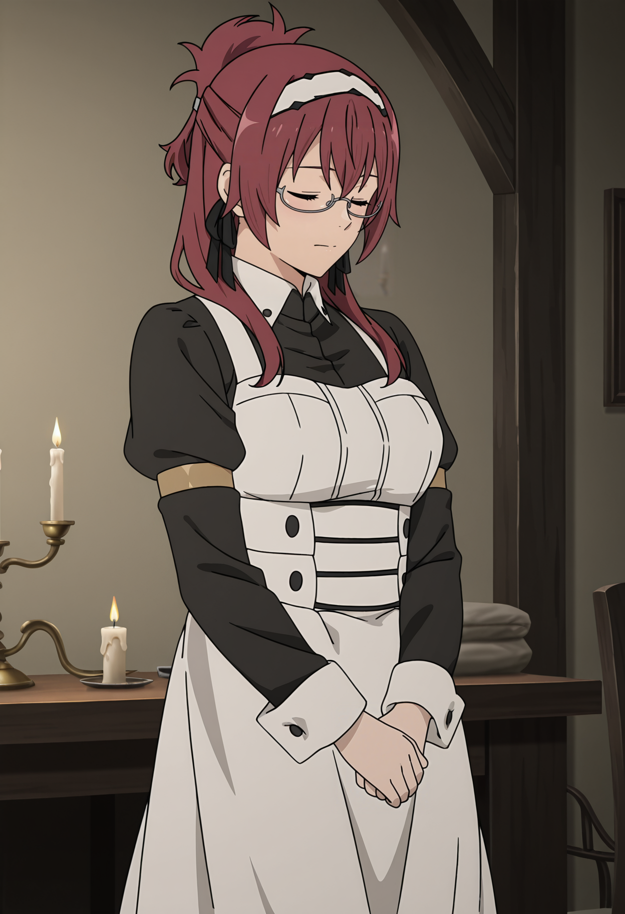 <lora:Lilia GREYRAT_illustrious-000054:1>,1girl,
Lilia GREYRAT, solo, maid, glasses, closed eyes, apron, candle, maid headdress, breasts, maid apron, dress, ponytail, closed mouth, own hands together, anime screencap