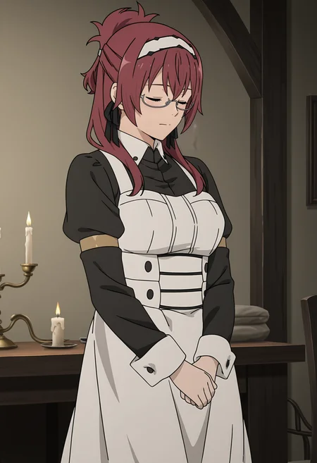 <lora:Lilia GREYRAT_illustrious-000054:1>,1girl,
Lilia GREYRAT, solo, maid, glasses, closed eyes, apron, candle, maid headdress, breasts, maid apron, dress, ponytail, closed mouth, own hands together, anime screencap