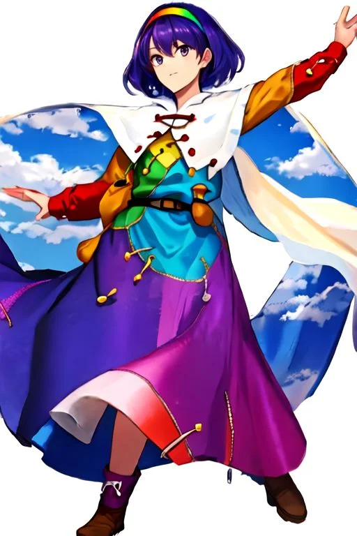 solo_focus, 1girl, ((white background, simple background)):2, (((masterpiece))), ((best quality)), ((ultra-detailed)), high resolution, absurdres, highres, ultra-detailed 8k unity wallpaper,
Tenkyuu Chimata, multicolored hairband, multicolored dress, zipper lines (clothes), cape, cloud print, brown bag belt, pink boots,