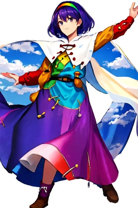 solo_focus, 1girl, ((white background, simple background)):2, (((masterpiece))), ((best quality)), ((ultra-detailed)), high resolution, absurdres, highres, ultra-detailed 8k unity wallpaper, 
Tenkyuu Chimata, multicolored hairband, multicolored dress, zipper lines (clothes), cape, cloud print, brown bag belt, pink boots,