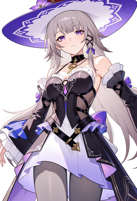 <lora:THEHEITA_(honkai_star_rail)-000028:1>,
THEHEITA_\(honkai_star_rail\),1girl,solo,witch hat,purple eyes,long hair,dress,looking at viewer,detached sleeves,bare shoulders,breasts,grey hair,cowboy_shot,gray pantyhose,white_background,key necklace