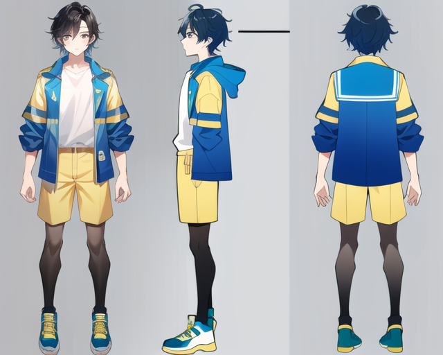 (masterpiece, best quality), chara-sheet, 1boy, black hair, white shirt, yellow jacket, blue shorts, blue sandale, simple backgound, <lora:character-sheet-03:1.0>