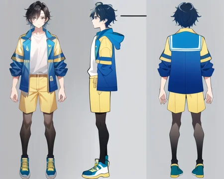 (masterpiece, best quality), chara-sheet, 1boy, black hair, white shirt, yellow jacket, blue shorts, blue sandale, simple backgound, <lora:character-sheet-03:1.0>