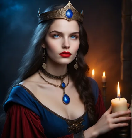 photography of a peaceful cute 18 year old sorceress in medieval times looking at the camera, pale skin, red lipstick, choker, blue glowing eyes, magic, <lora:ral-dissolve:1>, ral-dissolve, <lora:epiNoiseoffset_v2:1>, <lora:InstantPhotoX3:1>, masterpiece, best quality, realistic, very clear, photorealistic, extremely detailed, beautiful, stunning, intricate detail, complimentary colors, perfect background, great composition, calm, complex, elegant, highly color balanced, artistic, positive light, attractive, pretty, polished, full scientific, professional, illumination, magical, wonderful, dramatic ambient, rich deep vibrant