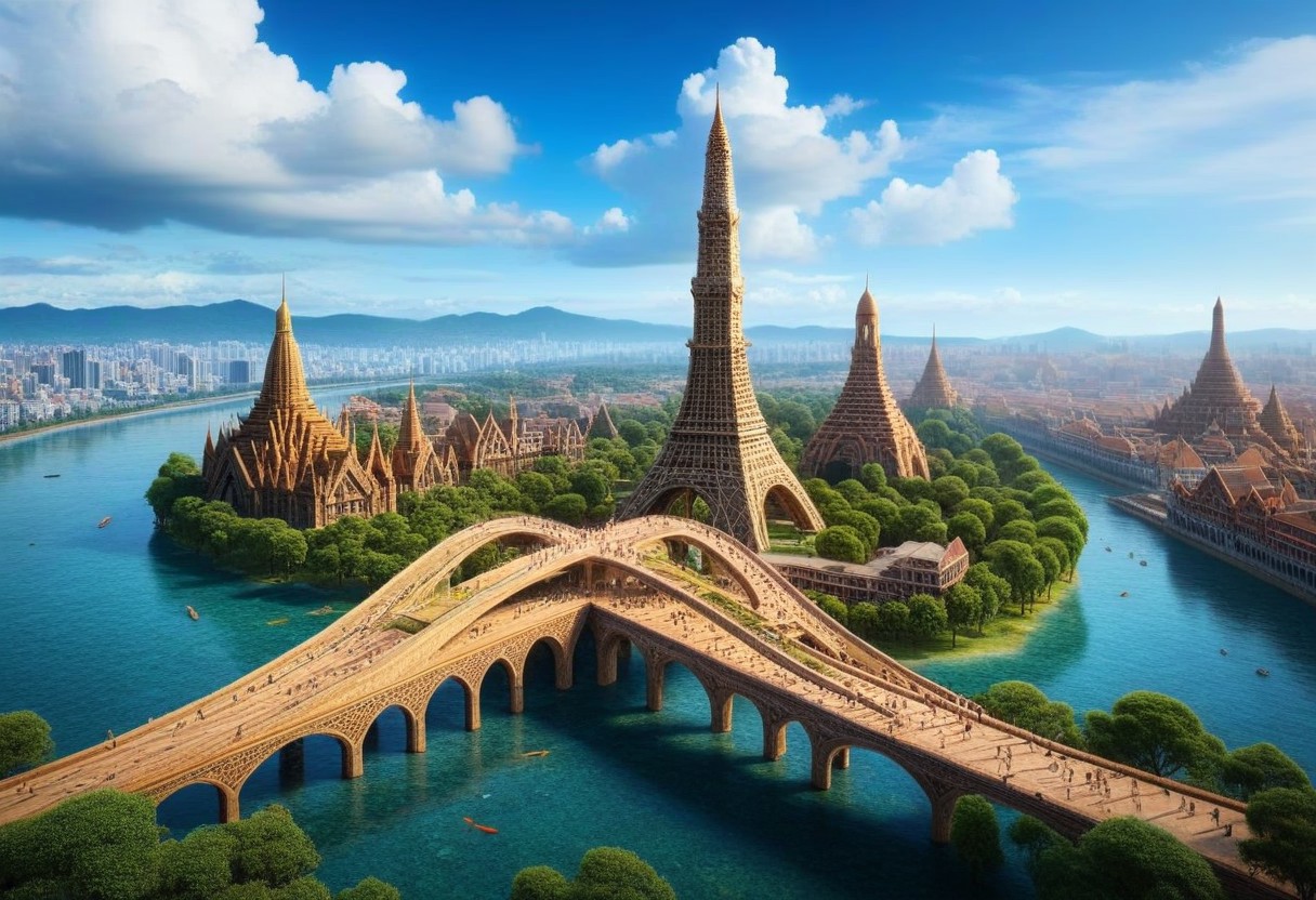 lazypos,8weod,(cf_style),inlay myanmar,
scenery,building,city,water,cityscape,sky,outdoors,cloud,cloudy sky,bridge,day,ruins,skyscraper,blue sky,ocean,tower,tree,fish,