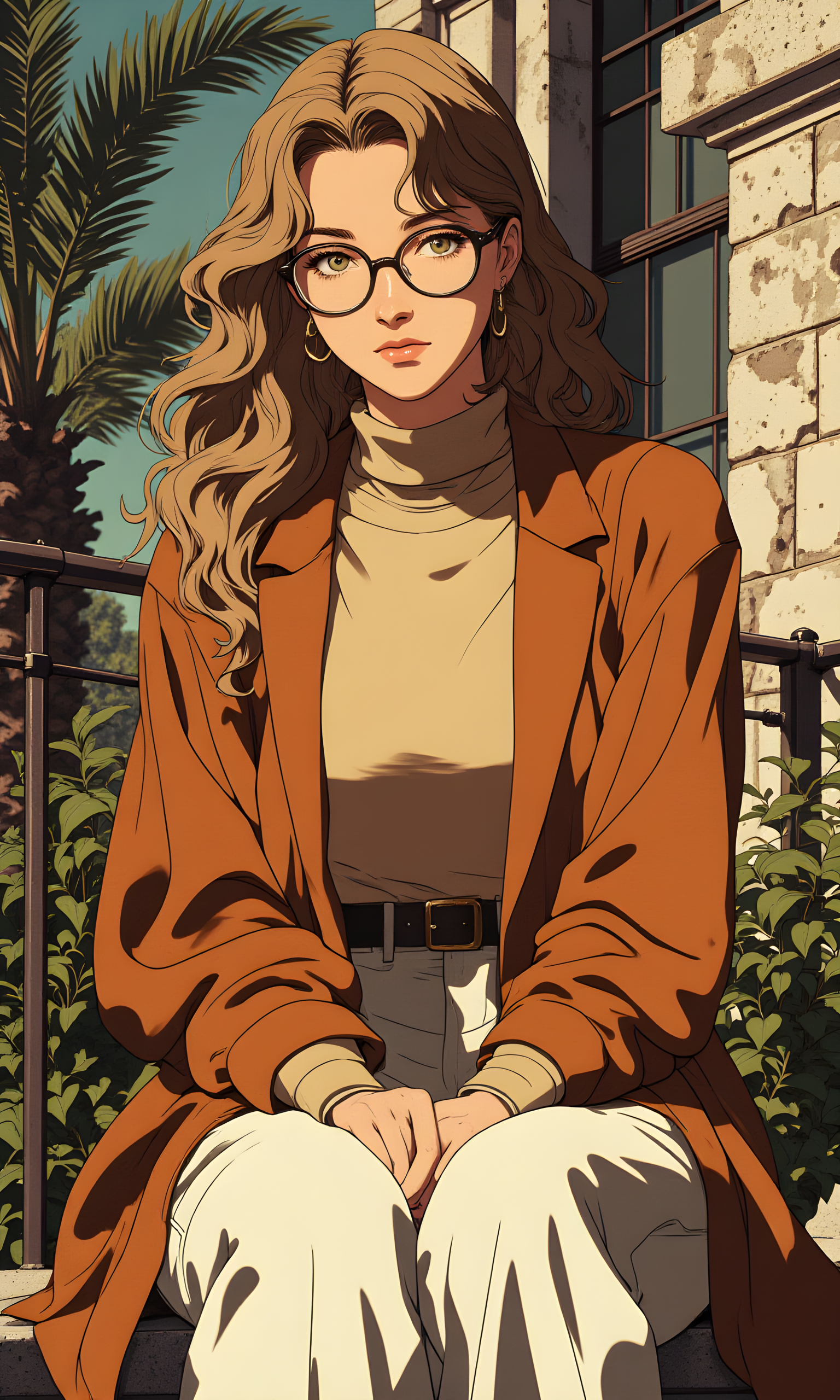 The image features a woman sitting on a stone bench, surrounded by an outdoor setting with palm trees and a metal railing in the background. She has long, light brown hair that cascades over her shoulders. Her face is framed by large, round glasses, which add a touch of intellectual charm to her appearance. Her expression is neutral, with a slight hint of contemplation or thoughtfulness.
She is wearing a beige turtleneck sweater layered under a rust-colored cardigan, which gives her outfit a cozy and warm look. The cardigan is slightly oversized, adding to the relaxed and comfortable vibe of the image. Her hands are clasped together in her lap, and she is wearing light-colored pants that complement the overall color scheme of her outfit.
The camera appears to be positioned at a low angle, looking up at the subject, which adds a sense of depth and perspective to the image. The lighting is soft and natural, suggesting that the photo was taken during the day. The light seems to be coming from above, casting gentle shadows that enhance the texture of her clothing and the details of her face.
The background consists of a stone wall and some palm trees, which provide a natural and serene backdrop. The metal railing adds an element of structure and contrast to the otherwise organic setting. The overall composition centers the woman in the frame, with the lines of the railing and the branches of the palm trees leading the viewer's eye towards her. The use of color and texture creates a harmonious and balanced image, capturing a moment of quiet reflection in a peaceful outdoor environment.
BREAK anime, d13s3lp2nk, bboil artist style, OBdonman, Anime art, <lora:FLUX\Anime Art V3:0.2>, <lora:FLUX\Synesthesia:0.2>, <lora:FLUX\RetroAnimeS1.1:0.5>, <lora:FLUX\Flux-jijia:0.1>, <lora:FLUX\It's a LoRA for portraits, BUT! actually specialized in backgrounds. v1.0:0.1>, <lora:FLUX\GLSHS:0.2>, <lora:FLUX\Dieselpunk Delight - s0_9 g4:0.4>, <lora:FLUX\OBdonman, anime0style portrait:0.1>