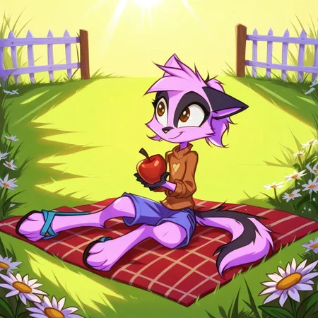Dreamkeepers,1girl,Prelude_Vi,solo,furry,tail,source_furry,hazel eyes,
child, kid,
Playing with a Hedgehog in a Yard, hedgehog, grass, sweater, shorts, sandals, sunlight, flowers, giggles, fence, blanket, apple, daisies , In a sunny yard, a girl sits on a blanket, giggling as a tiny hedgehog snuffles around her outstretched hand holding an apple slice. Her sweater’s sleeves are pushed up, shorts show off scraped knees, and sandals lie tossed aside. Flowers bloom near the fence, daisies dot the grass, and the hedgehog’s little waddle makes her beam with delight