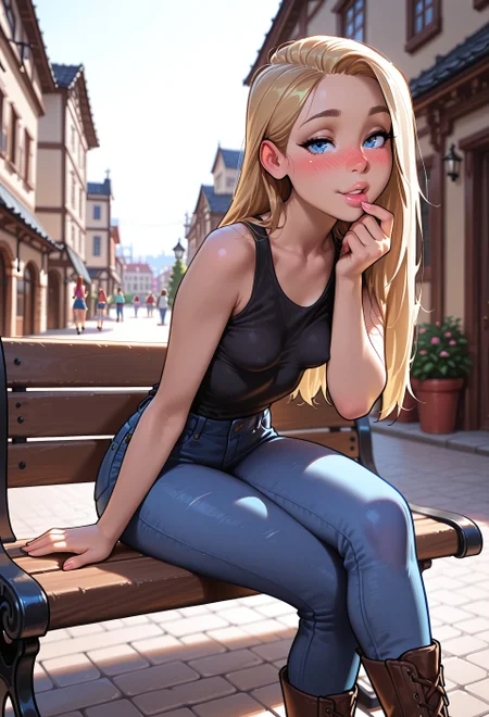 masterpiece, high_quality, highres, gradient, ultra-realistic, 32k, best quality, highly detailed, anime_source, lineless:1.2, pureerosface_v1, ng_deepnegative_v1_75t, aid291, DISNEY_ANIMATION, incoth, (incase:0.6), melkor_style, adult, colorful, 
(1girl, 19 yo, Anna_Rice, supermodel athletic body, long hair, blonde hair, perfect hairstyle, blue eyes, detailed face, medium small breasts, natural saggy breasts, beautiful slender legs), (little black tank top, denim straight pants, blue pants, brown boots), detailed clothes, dynamic pose, cinematic lighting, focus on expression, (cobble street  background, public place, detailed background, golden hour, touristic city), sunny day, kind eyes, seductive, nose blush, some hair touching lips, leaning forward, crossing legs, sitting on old bench, hand brush hair back, looking viewer