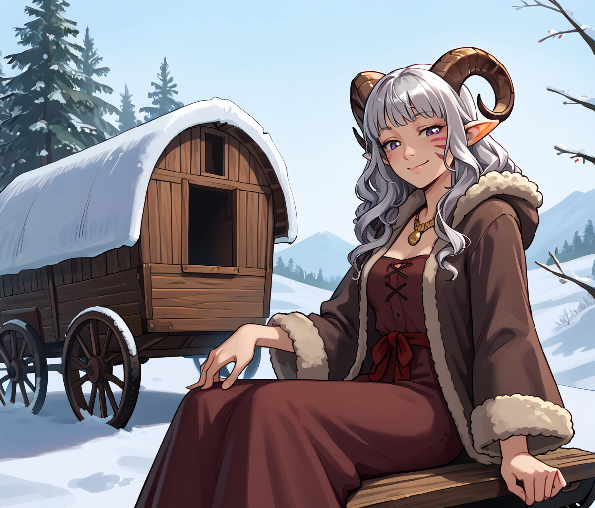 <lora:covered_wagon:0.8>vehicle,  covered_wagon:1.4, on wagon, sitting, solo, small girl, horse,  from below,
 <lora:whisker_markings:0.8>red whisker_markings, scenery, winter, close up, source_furry, score_7_up, rating_safe, cowboy shot, gold necklace, tiefing, short pointed ears, brown horns, (a pair of brown sheep Horns that begin at her temples and curve back: 1.5), bangs, long silver hair long wavy hair, pale skin, short pointy ears, purple eyes, <lora:age_slider_v4:0.6>   medium breasts, skinny female, silver hair, <lora:Tieflingnew weird fantasyDND:0.3> Tiefling, pointed ears, horns, half-closed eyes<lora:Smooth Style 2 SDXL_LoRA_Pony Diffusion V6 XL:0.5> bell, fur coat robe, hood off, happy face