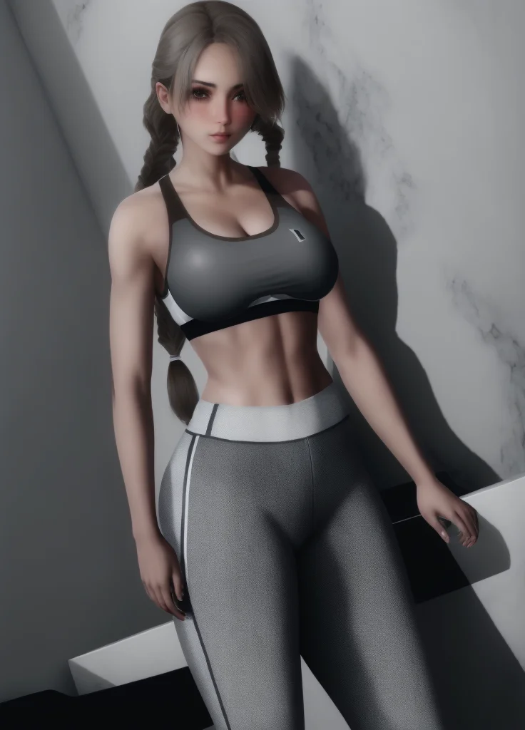 <lora:Etherium-dalia:1>, Etherium-dalia, 1girl, breasts, solo, dark grey hair, navel, medium breasts, standing, shadow, hair over one eye, long hair, median furrow, twin braids, brown eyes, looking at viewer, blush, sports bra, pants,