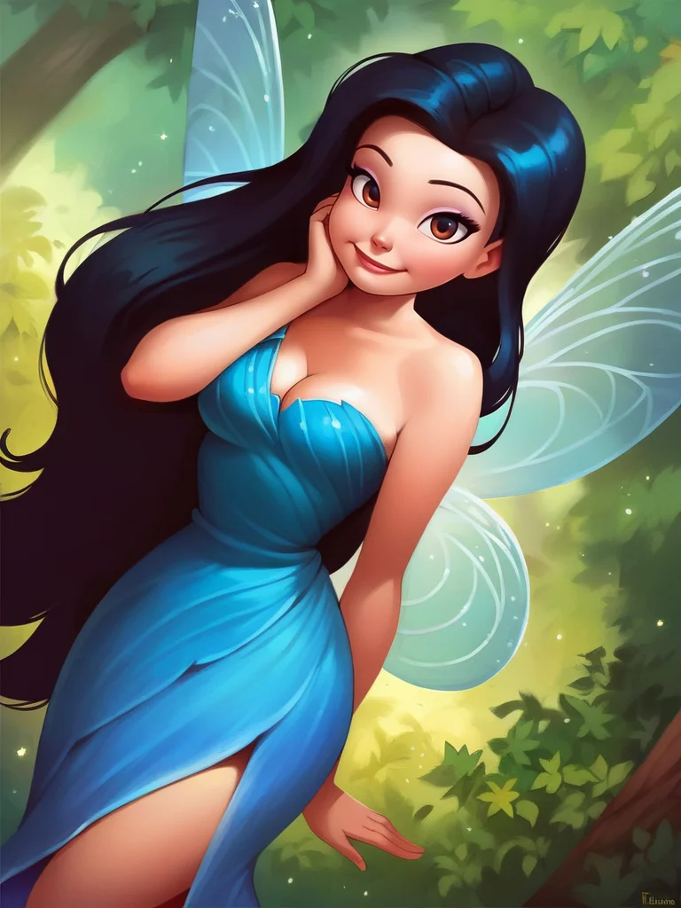 score_9, score_8_up, score_7_up, score_6_up, 1girl, fairy wings, brown eyes, black long hair, blue dress, bare shoulders, sexually suggestive, curvy, medium breast, sexy, looking at viewer, cowboy shot, dynamic pose, cute, solo, dutch angle, cleavage, forest, vegetation, smile, :D, hand on own cheek,
SilvermistXLP <lora:SilvermistXLP_character:0.7> , cartoon,