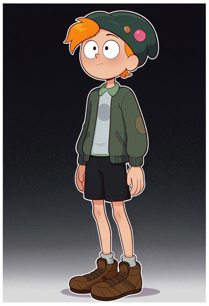 sprig twig, solo, 1boy, orange hair, green hat, green hat with pins, green jacket, shirt under jacket, open jacket, grey shirt, black shorts, brown shoes, full body, masterpiece, best quality, amazing quality, very aesthetic, absurdres, newest,, upper body, halftone effect, white borders, abstract background:1.2,