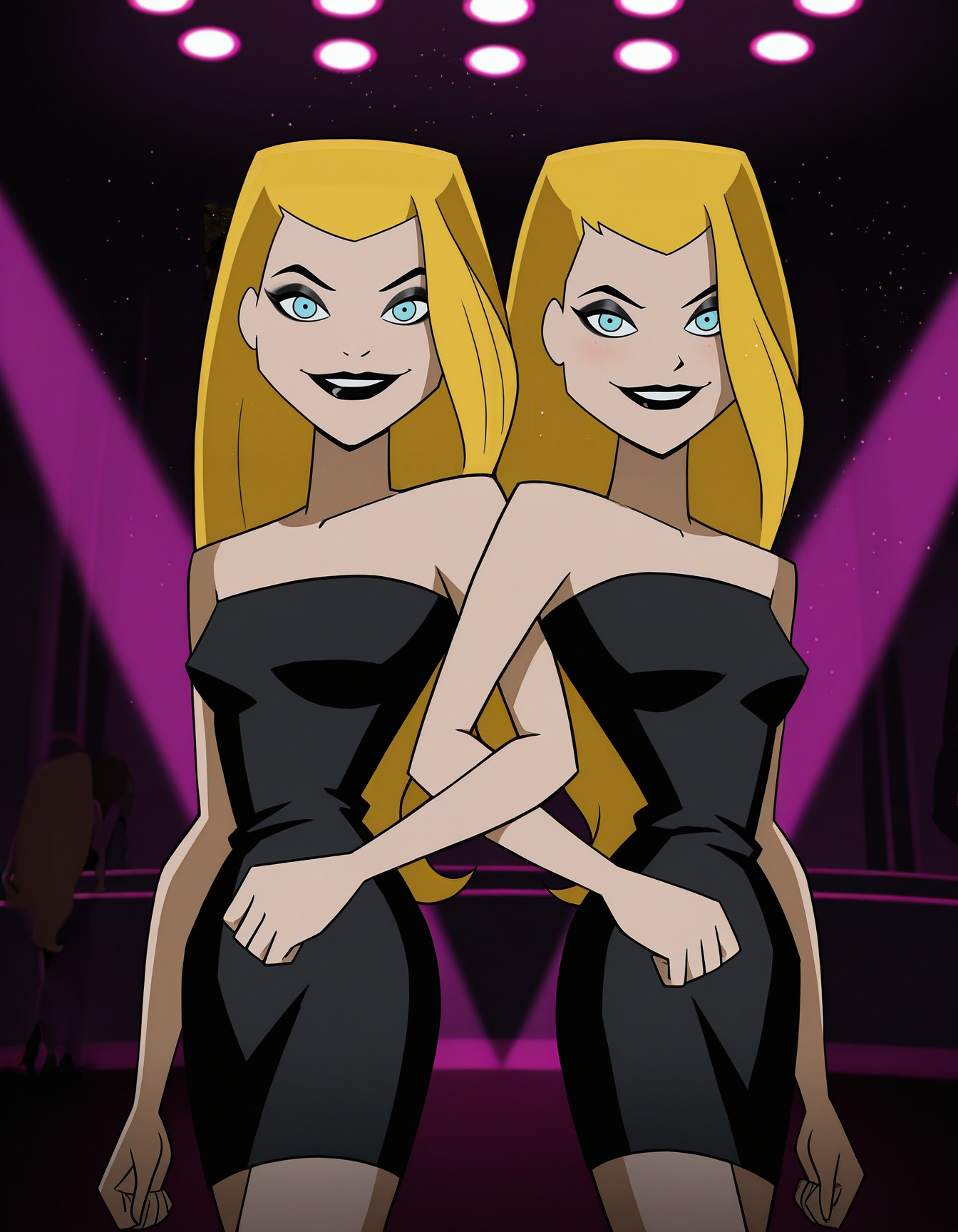 black dress, 
indoors, dark background, nightclub, 
2girls, sisters, twins, standing, looking at viewer, smile, locked arms, 
 <lora:batmanrotj-deedee:1> xdeedeex, blonde hair, long hair, blue eyes, makeup, black lips,