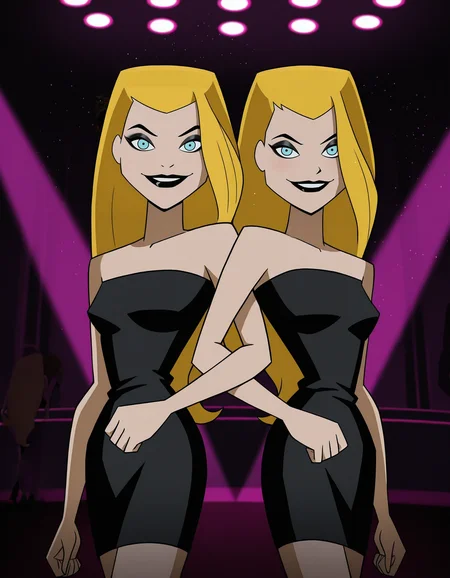 black dress,
indoors, dark background, nightclub,
2girls, sisters, twins, standing, looking at viewer, smile, locked arms,
<lora:batmanrotj-deedee:1> xdeedeex, blonde hair, long hair, blue eyes, makeup, black lips,