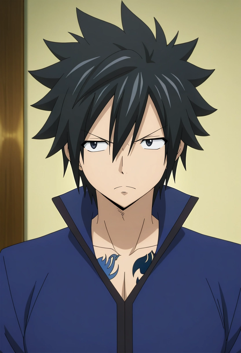 masterpiece, best quality, , anime screencap, anime coloring, , , 1boy, solo, male focus, <lora:gray_fullbuster_ilxl:0.98>, gray_fullbuster, black hair, black eyes, spiked hair, hair between eyes, tattoo, , ,