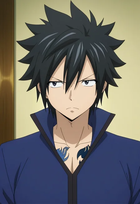masterpiece, best quality, , anime screencap, anime coloring, , , 1boy, solo, male focus, <lora:gray_fullbuster_ilxl:0.98>, gray_fullbuster, black hair, black eyes, spiked hair, hair between eyes, tattoo, , ,