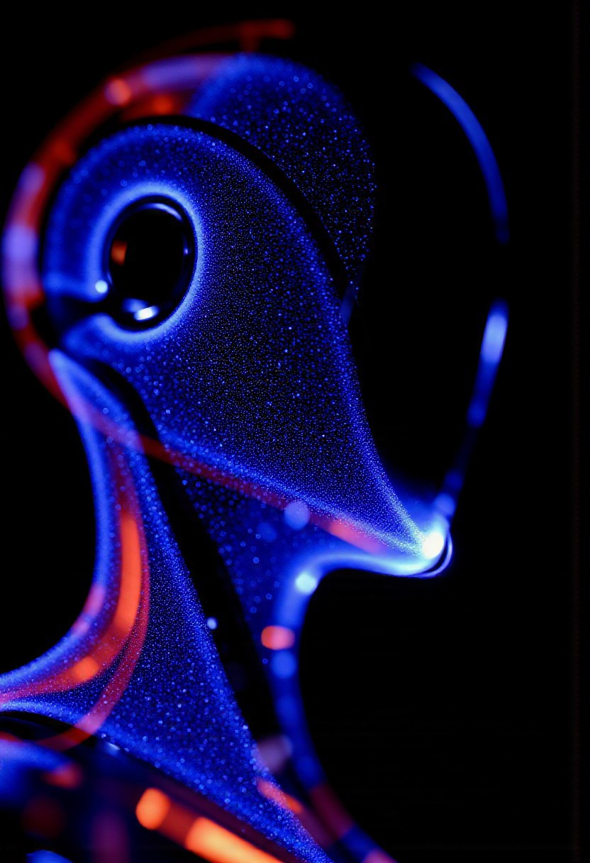 faceless android in the style of ckfa. Modular humanoid design. Future AI robot. 
Fractals and bokeh swirl in brilliant shades of blue, purple and red. burned colors glowing with orange heat. Bands of white light dash across the canvas. High saturation and contrast. sharp lines come into focus.
high-contrast palette, highly detailed, cinematic quality, modern art, timeless feeling || DarkAtmosCE style, vantablack, Rembrandt Lighting style, partially covered in shadows, Chiaroscuro Lighting Style, Covered in shadows
