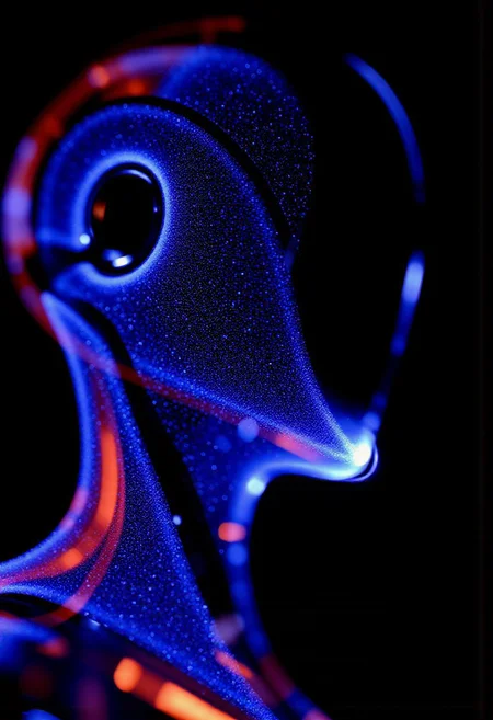 faceless android in the style of ckfa. Modular humanoid design. Future AI robot.
Fractals and bokeh swirl in brilliant shades of blue, purple and red. burned colors glowing with orange heat. Bands of white light dash across the canvas. High saturation and contrast. sharp lines come into focus.
high-contrast palette, highly detailed, cinematic quality, modern art, timeless feeling || DarkAtmosCE style, vantablack, Rembrandt Lighting style, partially covered in shadows, Chiaroscuro Lighting Style, Covered in shadows