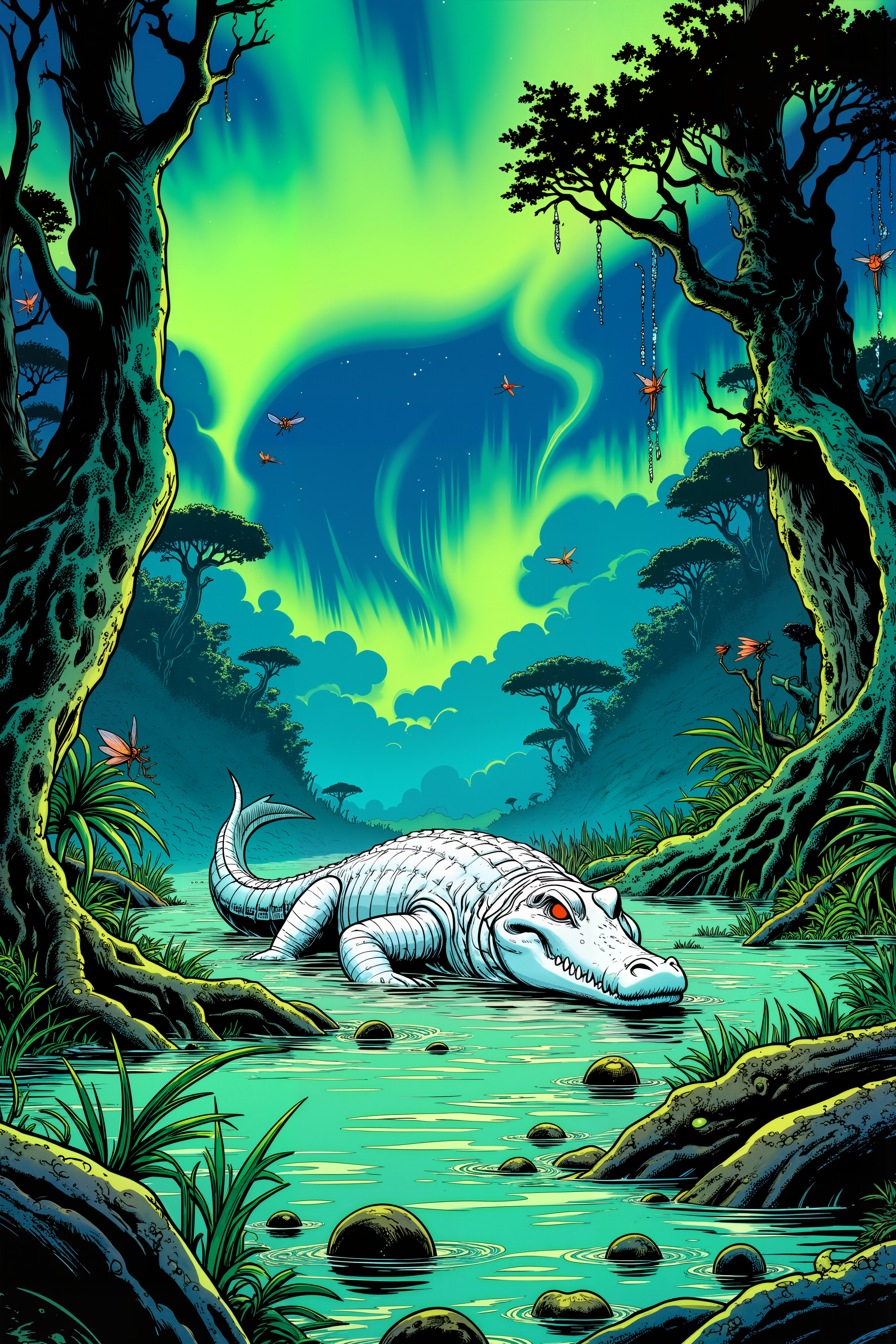 Beneath a sky filled with swirling green auroras, an enormous, albino crocodile with pale, translucent skin and glowing red eyes lounges in the shallows of a glowing, jade-colored swamp. Its massive jaws rest just beneath the surface of the water, only its glowing eyes visible as it watches the swampâs misty waters with predatory patience. The swamp itself is an otherworldly landscapeâmassive, twisted trees with glowing, blue-green bark rise from the water, their roots tangled and submerged in the depths below. Strange, iridescent insects buzz lazily through the air, their glowing wings casting faint reflections on the swampâs surface, while large, bioluminescent plants glow softly in the gloom. The air is thick with the smell of damp earth and decay, the occasional splash of distant creatures breaking the otherwise eerie silence. Above, the swirling auroras cast a surreal light over the entire scene, creating shifting shadows that dance across the water. The crocodile remains motionless, a silent, lethal presence within the glowing swamp, waiting for the perfect moment to strike. The scene is one of otherworldly tranquility, where the albino predator blends seamlessly into the mystical, glowing environment, its deadly stillness at odds with the ethereal beauty of the swamp. , detailed background  Fantastic lighting. Detailed shadows.intricate details, vivid colors, hyper-detailed, ultra-sharp, , ,meiman_style,This is a retro comic book style digital illustration,  <lora:meimanstylev2:0.4><lora:Vintage comic book:0.4><lora:RetroAnimeFluxV1:0.15><lora:Greg_Capullo_style:0.4><lora:jeanClaude_Mzires_Style_FLUX-000001:0.4><lora:Flux_Ink_Anime:0.4>