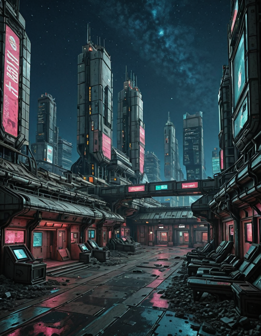 <lora:SWL_Stations1v2ill:1> lostst1, station, night sky, rocks, buildings, cyberpunk, cityscape