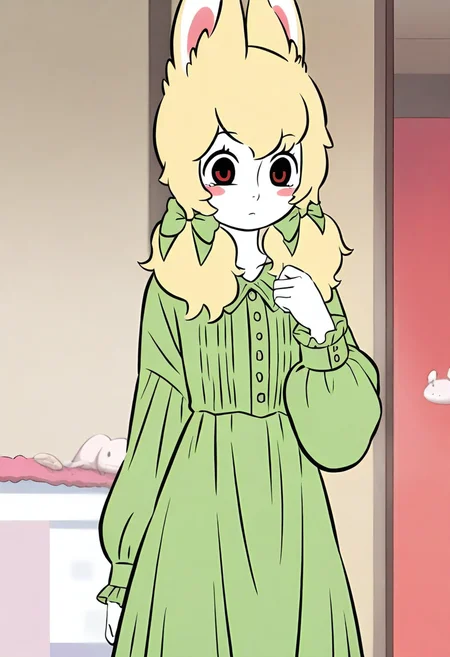 <lora:xiaoyu:1>,xiaoyu,1girl,solo,furry female,black eyes,red eyes,blonde hair,twintails,hair bow,animal ears,white skin,
green dress,dress,long sleeves,green bow,, masterpiece,best quality,amazing quality,absurdres, anime screenshot,