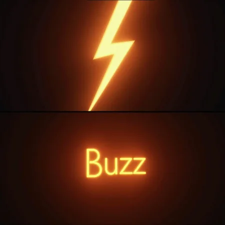 Dramatic lighting, a render of a glowing orange lightning bolt. On top are the captions "Simple." and below are the captions "Buzz."