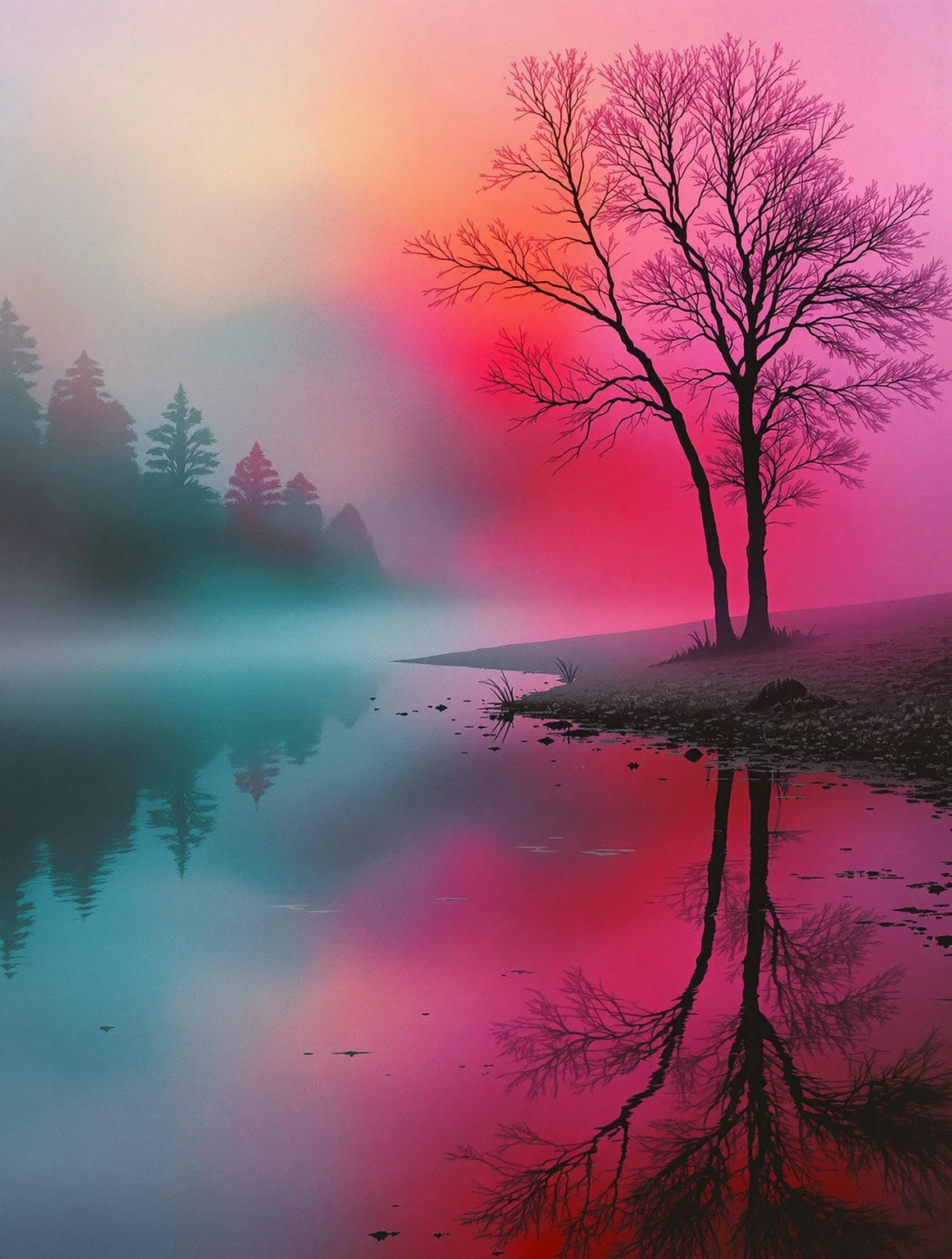 neo-pictorialist landscape, soft chiaroscuro lighting, misty reflections on water, tonal gradations blending into atmospheric haze, cyan and magenta, chromatic aberrations, inspired by the works of Alfred Stieglitz and Edward Steichen –style chaos