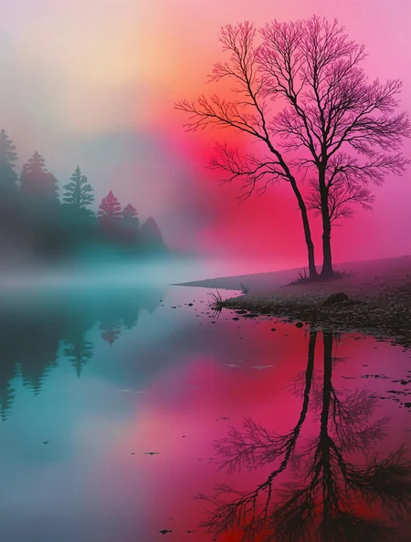 neo-pictorialist landscape, soft chiaroscuro lighting, misty reflections on water, tonal gradations blending into atmospheric haze, cyan and magenta, chromatic aberrations, inspired by the works of Alfred Stieglitz and Edward Steichen –style chaos