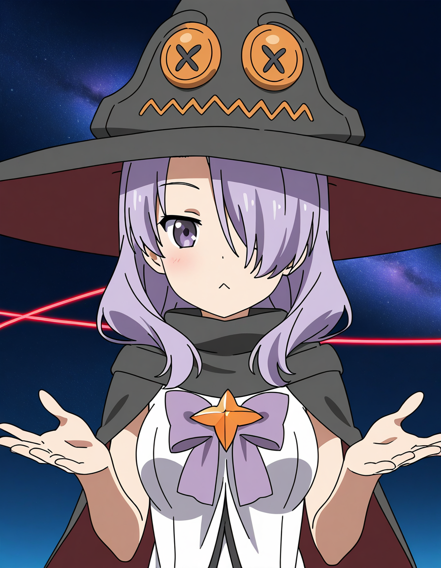 general,highres, ultra-detailed,very aesthetic,best quality ,best hands,  BREAK <lora:Nanako_Houkago_no_Pleiades_IS:1>Nanako(Pleiades), 1girl, purple hair, hair over one eye, purple eyes, long hair, breasts, anime coloring, Nanako(Pleiades), hat, witch   black hat, orange button, solo, :<, witch hat, looking at viewer, closed mouth, upper body, black cape, white dress, red line, purple ribbon,
galaxy, sky,