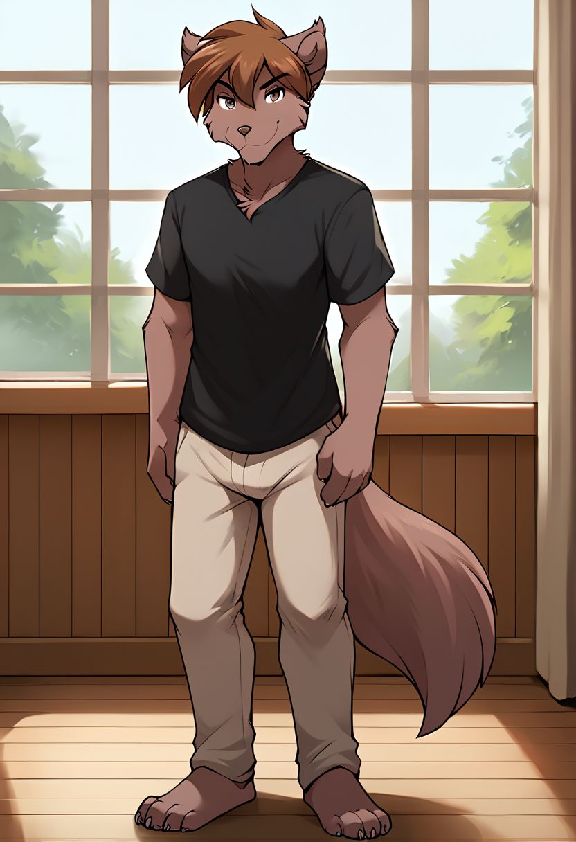 score_9, score_8_up, score_7_up, score_6_up, score_5_up, score_4_up, rating_explicit, source_furry, tknanie, brown fur, brown hair, mammal, brown eyes, anthro, 1boy, male, solo, solo focus, full body, standing on two legs, black T-shirt, beige trousers, a serious expression on his face, gloomy, in the house, serious pose, short hair, fluffy tail, fluffy fur, A discontented smile