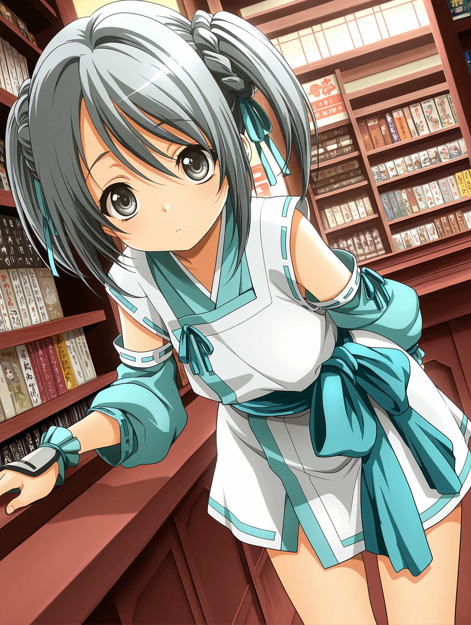 takenaka hanbee \(oda nobuna no yabou\), 
hanbee takenaka, short hair, ribbon, twintails, grey hair, grey eyes,detached sleeves, japanese clothes, onmyouji, bookstore, leaning forward, looking at viewer, solo,dutch angle, cowboy shot
,masterpiece,best quality,amazing quality,   <lora:hanbee-takenaka-s1-ponyxl-lora-nochekaiser:1>,